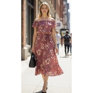Bea & Dot Women’s Mauve Floral Midi Dress Ruffle Neck Belt Size S